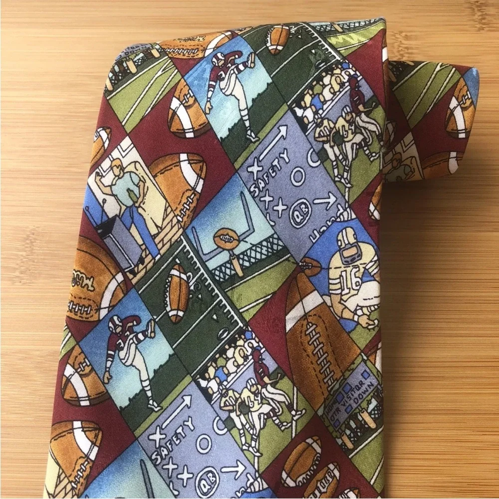 Nicole Miller Football Tie Black Silk Mens Red Blue Brown Necktie Vintage 90s